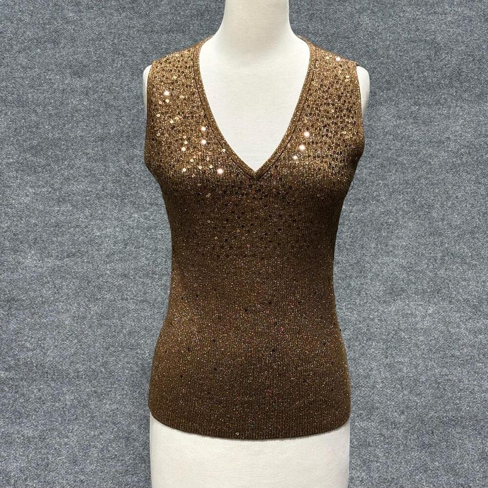Once1again Sweater Vest Womens Large Brown Bronze Metallic Sequin V Neck Sparkle